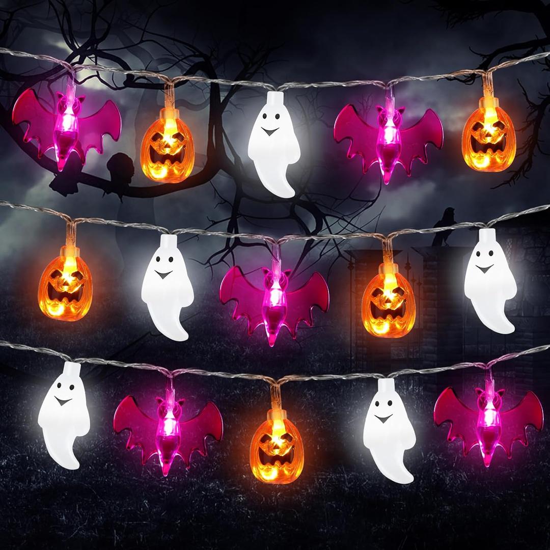 Retisee 20 ft Halloween Lights Decorations 3D Pumpkin Bat Ghost Battery Operated String Lights Halloween Fairy Light for Home Window Indoor Outdoor Party Porch Decor