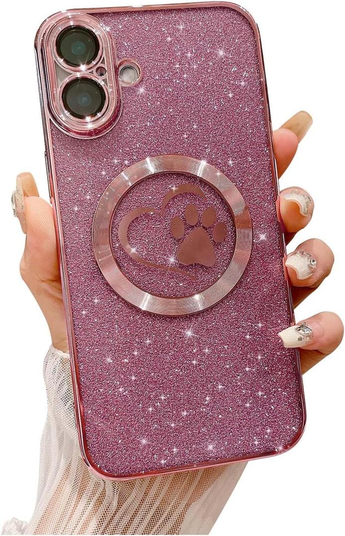 2 x Compatible for iPhone 16 Case Glitter Clear Paw Love Heart Compatible with MagSafe, Camera Lens Protection Soft Slim Thin Magnetic Bling Phone Case - Pink