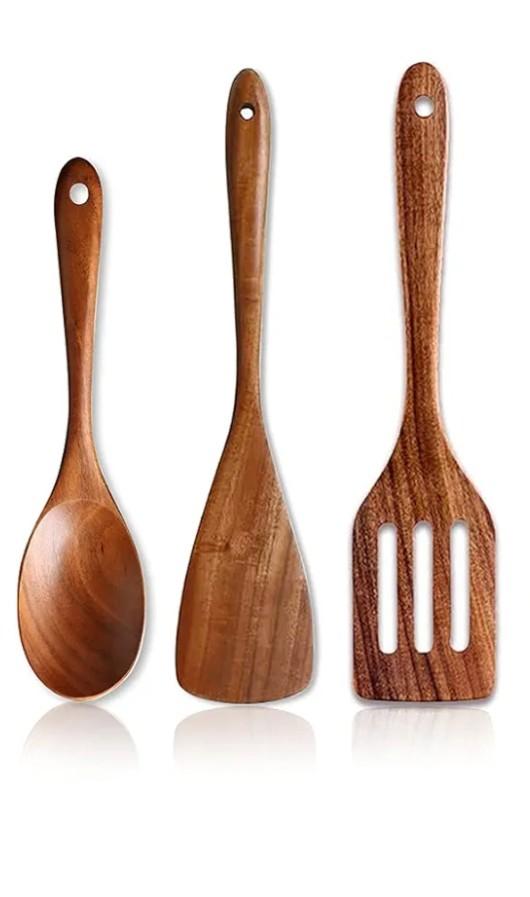 3 Pcs Best Wooden Spoons for Cooking Kitchen Utensils Set Acacia Wood Cooking Spatula Turner Non Toxic Utensil Slotted Serving Spoon Flat Spatulas Set Wooden Utensis Mixing Cooking Spoon Kitchen Tools