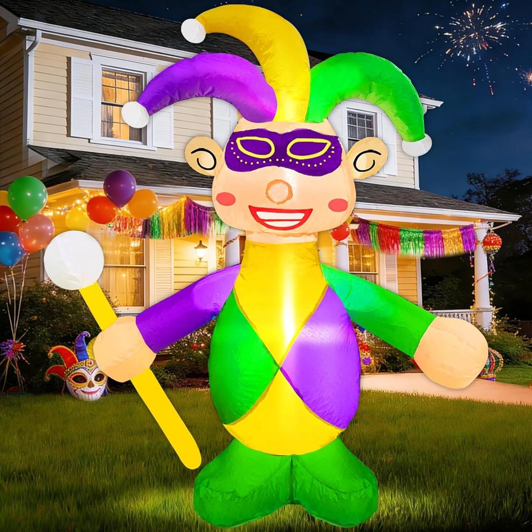 4 Ft Mardi Gras Inflatable Decoration Blow up Jester Built in LED Lights Purple Gold Green Mardi Gras Outdoor Decor for Carnival Yard Lawn Garden Party Home Indoor