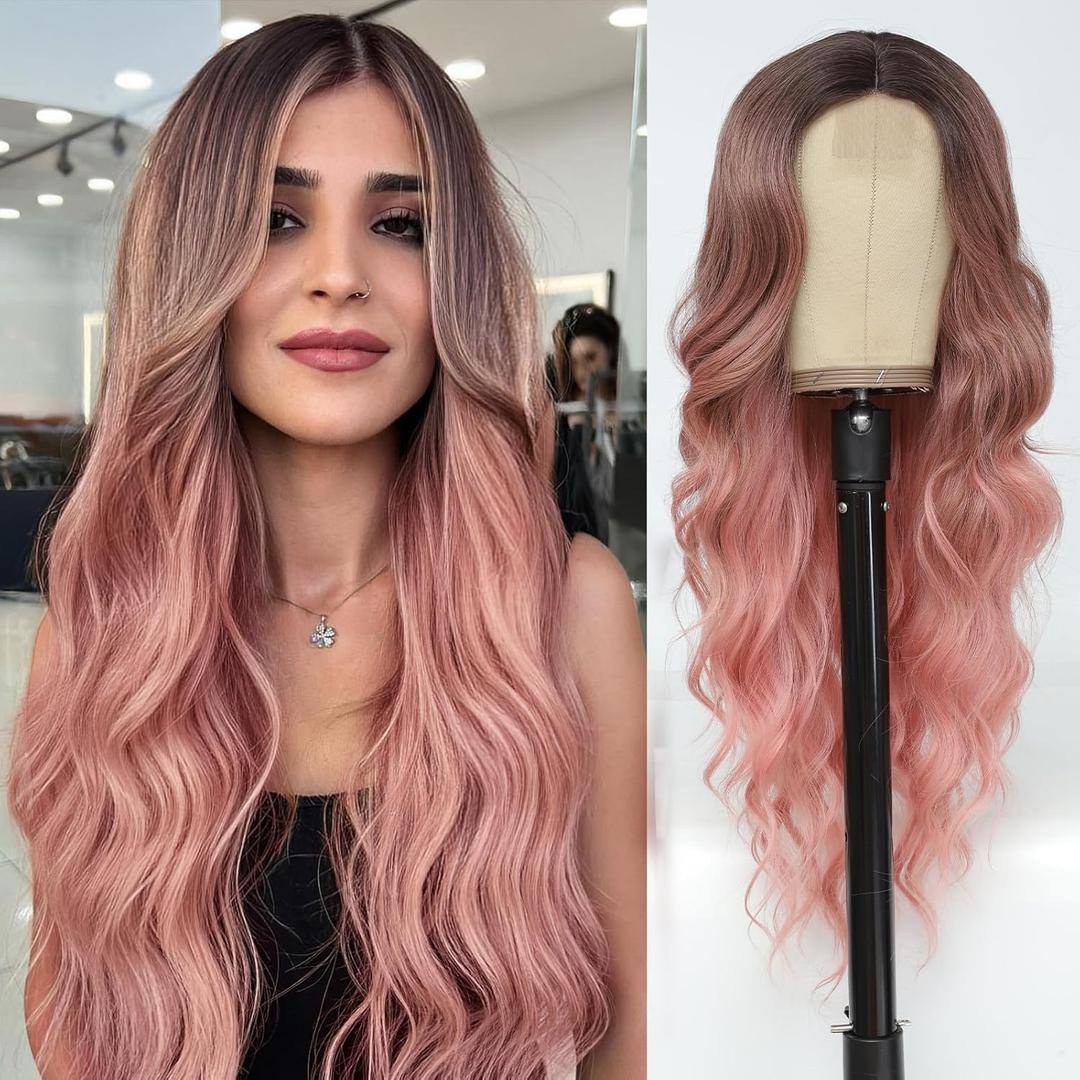 NAYOO Long Wavy Auburn Wigs for Women Middle Part Wavy Curly Wig with Dark Roots Synthetic Heat Resistant Fiber Women Wigs for Daily Party Use (Pink)