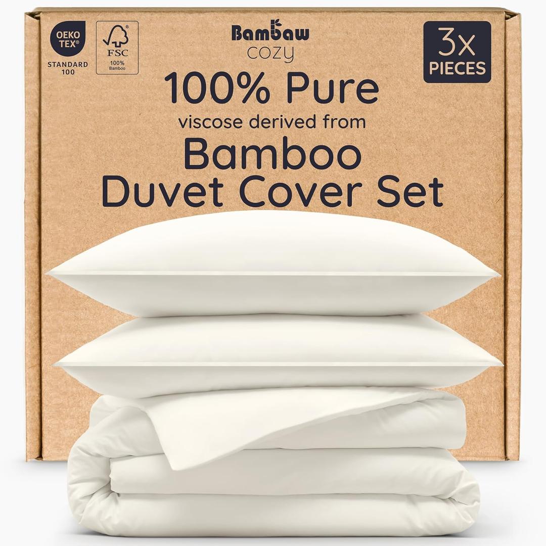Bambaw Queen Duvet Cover Set 3pcs 100% Viscose Derived from Bamboo, Cooling, Super Soft, Breathable, No Comforter (Ivory)