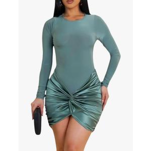 Ekaliy Women's Sexy Long Sleeve Mini Dress Elegant Crew Neck Twist Waist Ruched Bodycon Cocktail Party Short Dresses XXL