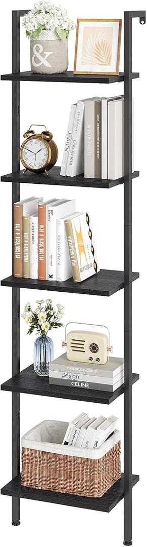 ELYKEN Ladder Shelf, 5-Tier Wood Wall Mounted Bookshelf with Metal Frame, Vintage Open Display Organizer Rack, Leaning Storage Shelves for Living Room, Bedroom, Home Office, Black, 11.6 inches x 15.4 inches x 70 inches