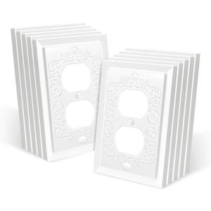 Petal Relief Design Classic Style White Modern Decorative Outlet Covers Wall Plates, Duplex Electric Receptacle Light Switch Cover, Mid-Size 4.9 x 3.1 inch(10-Pack Single Duplex)