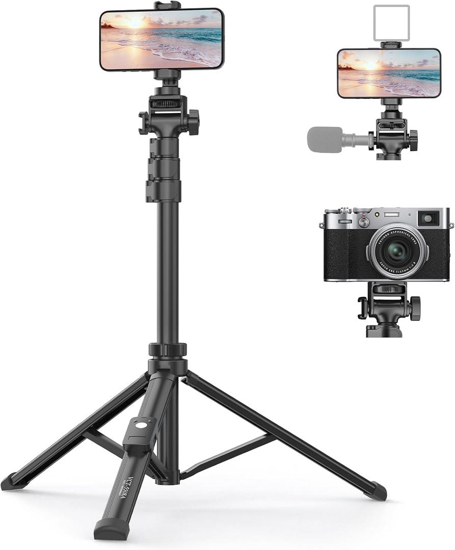 XXZU 61" Phone Tripod, Camera Tripod Stand with Remote & Phone Holder, Tripod for Cell Phone, Travel,Lightweight,Tall Smartphone Tripod Compatible with iPhone/Android/Canon/Video Recording/Webcamera