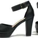 Women's High Block Heels Pumps Round Closed Toe Ankle Strap Wedding Dress Shoes (9.5, Black)