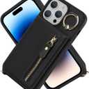 for iPhone 14 pro max Phone Case with Card Holder and Strap for Women, Crossbody Bag with Ring Stand Zipper Wallet Case for Apple14promax Purse - Black