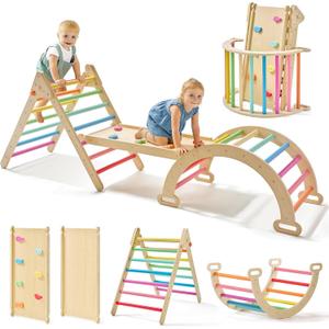 Tiny Land Pikler Triangle Set, 7-in-1 Foldable Pikler Triangle Climbing Toys Set for Kids,Baby Indoor Playground Jungle Gym, Wooden Montessori Climbing Set for Toddler (Rainbow), Standard