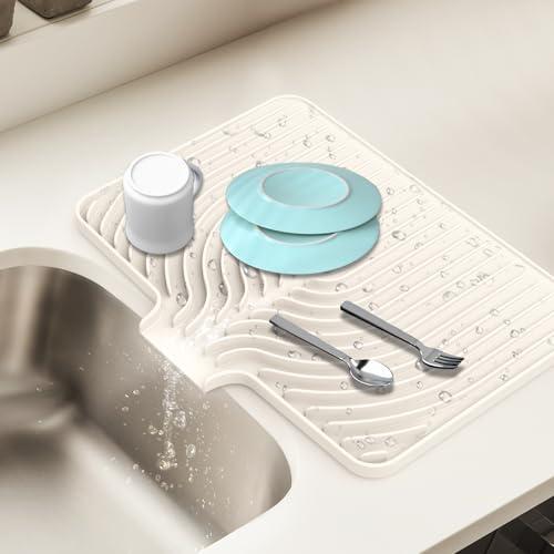 Dish Drying Mat for Kitchen Counter, with Built-in Drain Lip, Food-Grade Silicone, Easy Clean Pad for Countertop Protection, Multi-Functional Use (18x11.8, Cassava White)