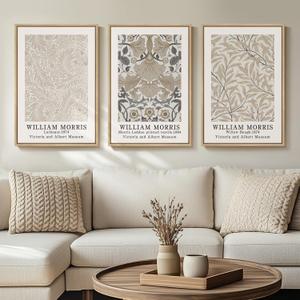 Framed Large William Morris Canvas Wall Art Set of 3, Vintage Neutral Botanical Floral Prints, Nature Artwork for Living Room, Bedroom, Hallway or Office Decor, 16x24 Inch