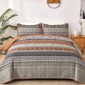 WONGS BEDDING Boho Queen Quilt Set, Brown and Grey Bohemian Quilt Bedding Set, Fall Lightweight Bed Decor Bedspread for All Season Reversible Microfiber Coverlet Bedding Set 96"x90"(3 Pieces)