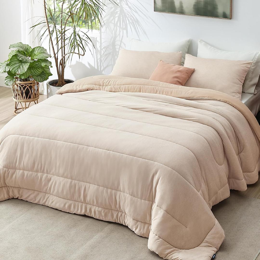 Bedsure Queen Comforter Set - Cooling and Warm Bed Set, Beige Reversible All Season Cooling Comforter, 3 Pieces, 1 Queen Size Comforter (88"x88") and 2 Pillow Cases (20"x26")
