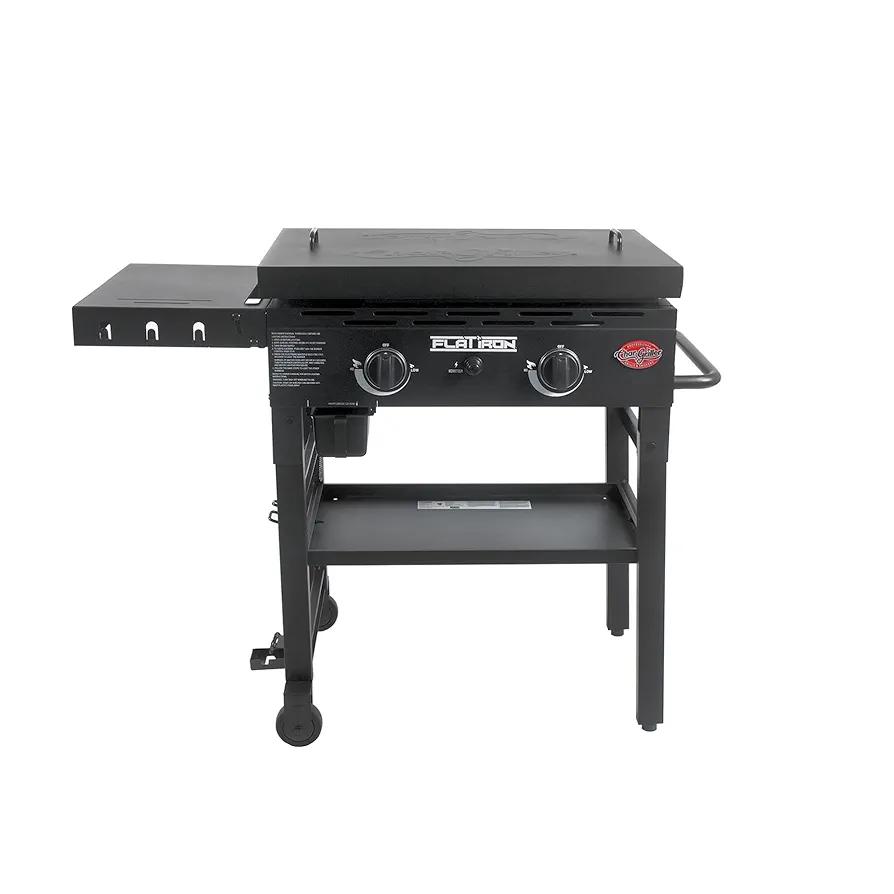 Char-Griller® Flat Iron 2-Burner Propane Gas Flat-Top Griddle with Steel Griddle Top, Wind Guards and Removable Lid, 520 Cooking Square Inches in Black, Model 8128