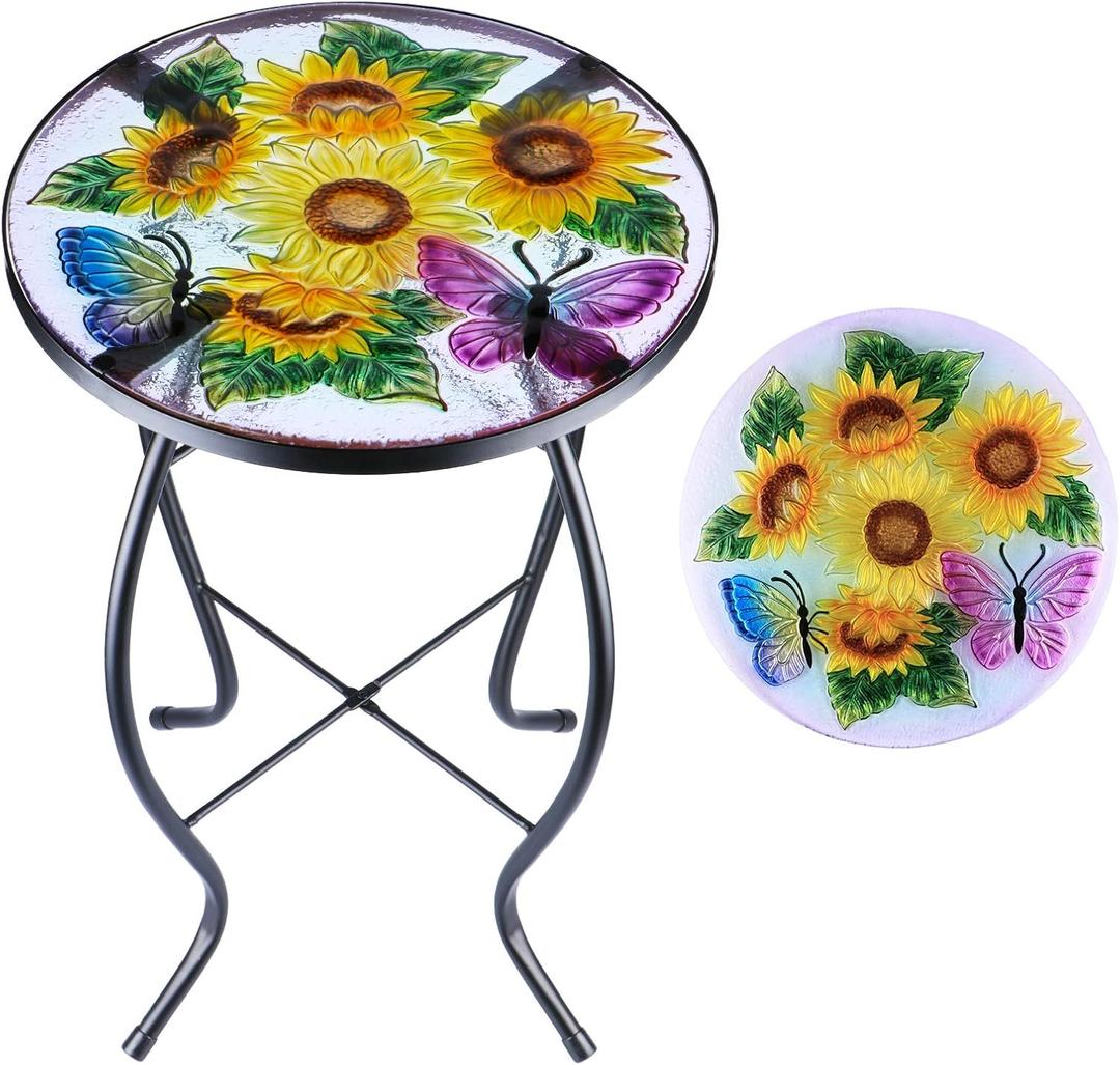 MUMTOP Outdoor Side Table - Patio Table Mosaic Coffee Side Tables Glass AccentTable 14Round SmallTable Plant Stand for Indoor Garden Balcony (Sunflower) (Yellow)