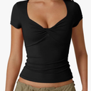 QINSEN Women's Sexy Twist Front V Neck T Shirts Double Lined Short Sleeve Slim Fit Crop Top Trendy Y2K Tops Tee, Size M