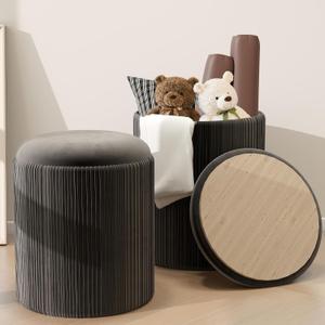Caroeas Round Ottoman with Storage Set of 2, Upholstered Velvet Storage Ottoman, Vanity Stool for Makeup, Foot Rest for Living Room, Bedroom, Black