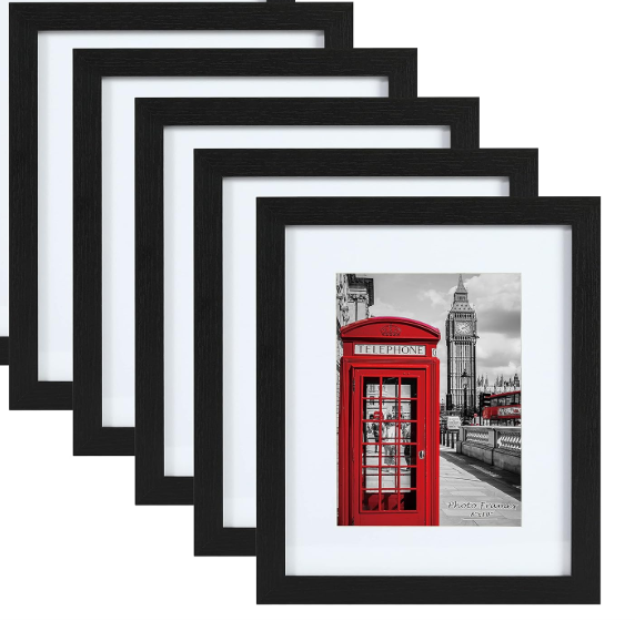 PEALSN 8x10 Picture Frame Set of 5, Display Picture 5x7 with Mat or 8x10 Without Mat, Black Woodgrain