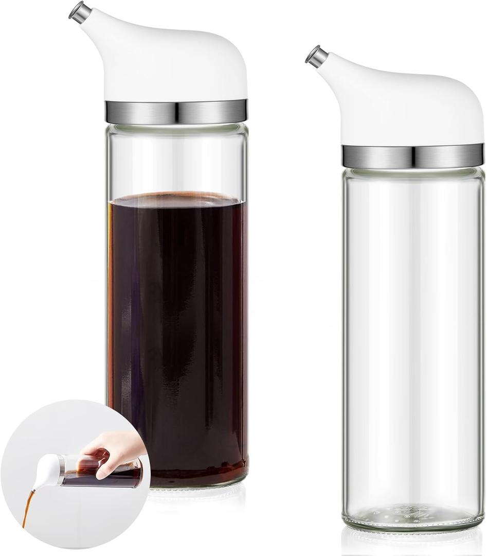 2 Pcs Soy Sauce Dispenser Small Glass Olive Oil and Vinegar Dispenser Set Glass Soy Sauce Bottle Non Drip Spout Cruet Bottle Container for Oil Vinegar Seasoning Kitchen Cooking (8 Oz, White)