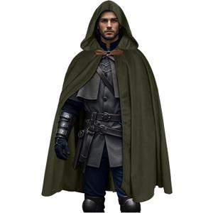 L'VOW Medieval Velvet Hooded Cloak - Renaissance Cape with Hood Vintage Capelet Halloween Sorcerer Costume (Dark Green)