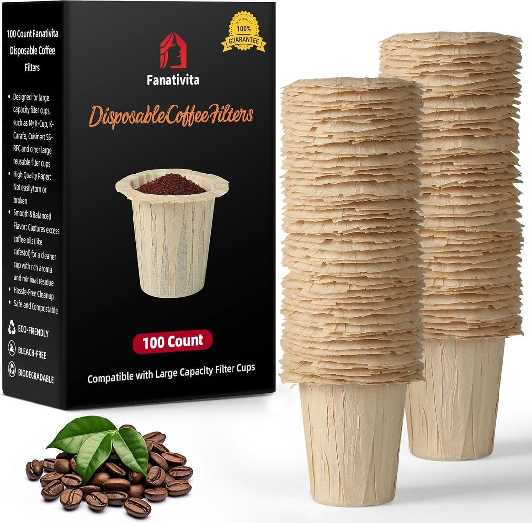 Fanativita Disposable Coffee Filters for My K-Cup, K-Carafe, Cuisinart SS-RFC and Other Large Reusable Filter Cups (Unbleached 100 Count)