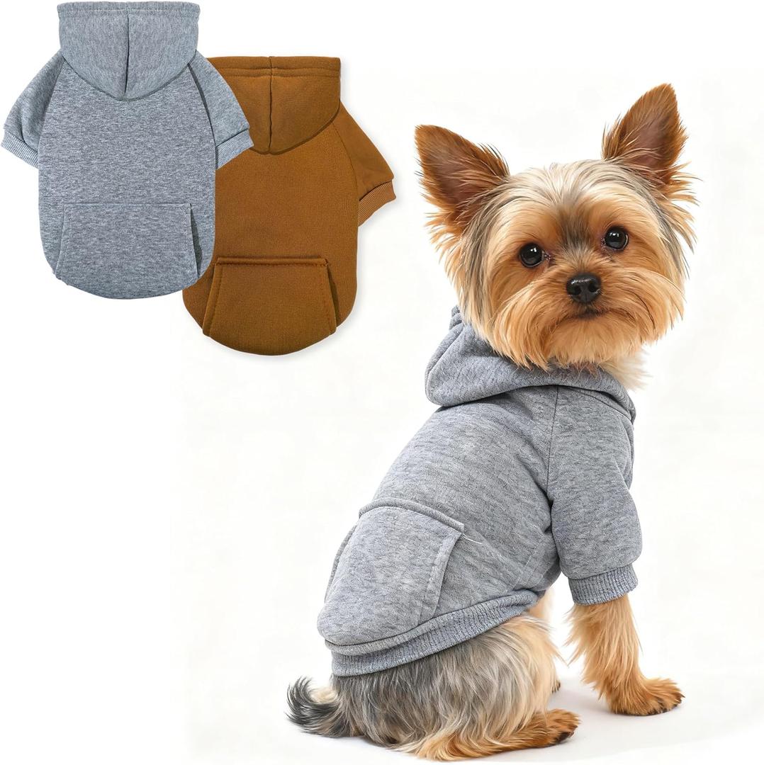 XXS Dog Hoodie Sweaters for Small Dogs, Winter Puppy Sweatshirts with Pockets Hood, Warm Fleece Lined Extra Small Dog Clothes for Chihuahua, Yorkie, 1-2lb Puppies, 2 Pack Coffee+Grey, XX-Small