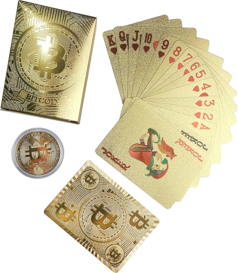Rich Life Style Bitcoin Waterproof Gold Playing Cards with Commemorative Bitcoin Encased in Protective Plastic