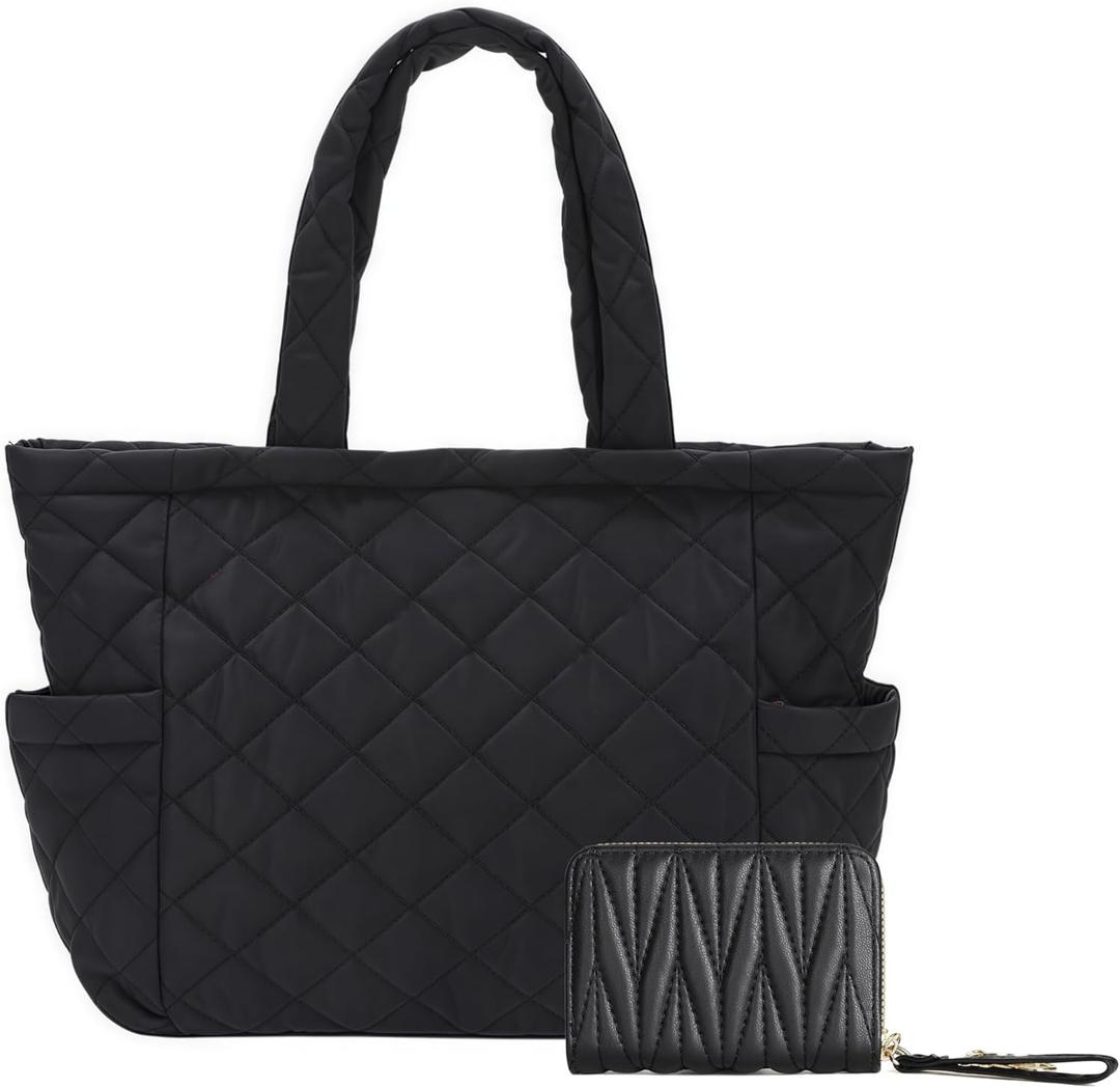 Quilted Tote Bag for Women, Medium Puffer Tote Bag Work Quilted Handbags for Valentines Birthday Gifts (Bk)