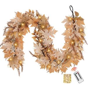 Neutral Fall Garland with Lights - 6 Ft Lighted Fall Felt Leaves for Mantle Outdoor Decor Light Up Autumn Leaf for Home Fireplace Decorations