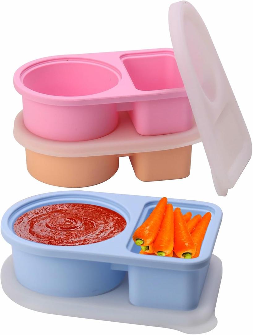 2 x 3 Pack Silicone Reusable Snack Containers with Lids, Double Compartment Snackle Box Containers, Salad Dressing Sauce Seasoning Container, Small Mini Food Snack Boxs (Multicolor 3 Pack)