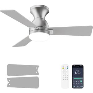 Ceiling Fans with Lights and Remote, 36 Inch Ceiling Fan with Light, Low Profile, Reversible, Dimmable LED, Flush Mount, Quiet, DC Motor, Nickel Ceiling Fan for Bedroom, Kitchen, Dining Room