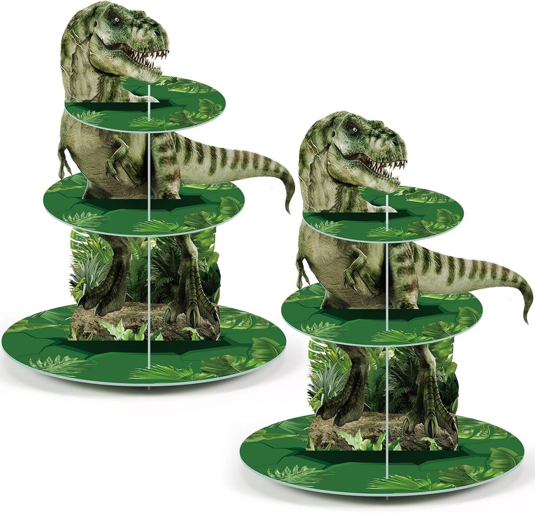 2 Pcs 3 Tier Dinosaur Cupcake Stand Party Decorations Dinosaur Theme Cupcake Holder Decorations Dino Dessert Tower for Kids Dino Jungle Theme Party Birthday Supplies