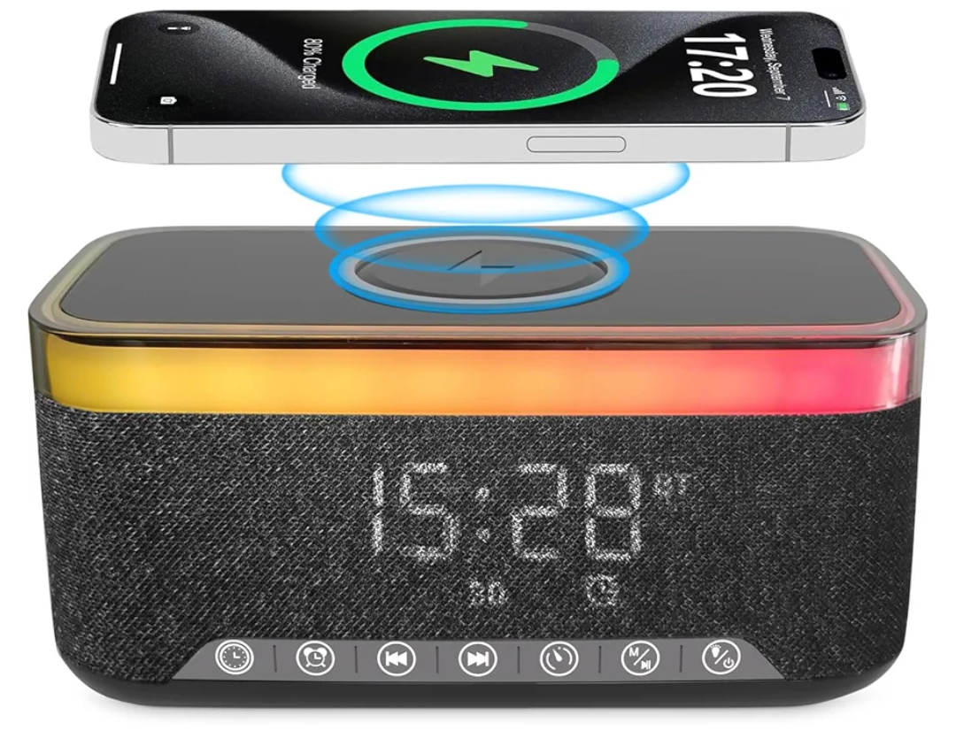 Smart Alarm Clock with Wireless Charging, Bluetooth Speaker with 15W Fast Charging Station, RGB Night Light & White Noise Sleep Aid, Digital Clock for Bedrooms with Timer & Custom Alarms