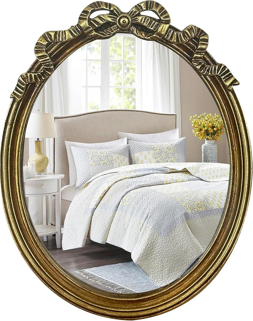 Vintage Oval Wall Mirror & Tabletop Vanity Mirror - Antique Gold Frame with Decorative Bow Design, Retro Traditional Chic Makeup Desk Decor - 12.6" x 9.85"