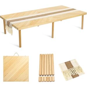 Folding Picnic Table with Table Runner, Portable Boho Low Picnic Table for Indoor Outdoor, 60" x 30" Wooden Table with Adjustable Heights for Camping, Wedding, Beach, Garden, Party(Large Size for 6)