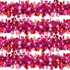 Kajaia 65.6 Feet St Patrick's Day Tinsel Garland with Lights Red Heart St Patrick's Day Tinsel Garland for Mantle Wedding Party Favor Indoor Outdoor Decoration Supply(Pink, Red)