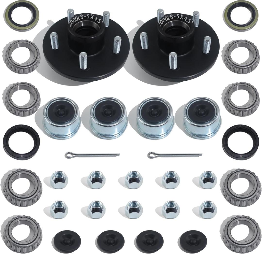 iBroPrat 2 Sets Trailer Hub Kit  Bolt 4.5, Trailer Axle Kit for 2000 lb 5 Lug Trailer Hub Fits 1" and 1-1/16" Spindle with Extra Dust Cap and Rubber Plug