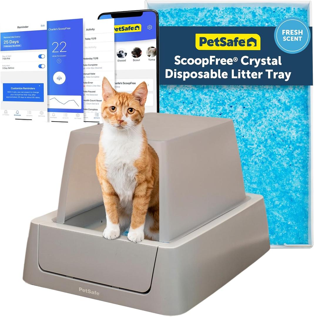 PetSafe ScoopFree Crystal Smart Self-Cleaning Cat Litter Box WiFi (2.4 GHz) & App Enabled Enclosed Front-Entry Superior Odor Control Includes Disposable Tray Gray (PAL00-16807)