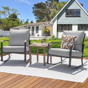 NATURAL EXPRESSIONS Glider Rocking Chair Bistro Set, 3 Pieces Outdoor Patio Furniture Conversation Set with 2 Rocker Chairs, 1 Table and Thick Cushions for Backyard, Porch, Balcony, 350lbs, Grey.