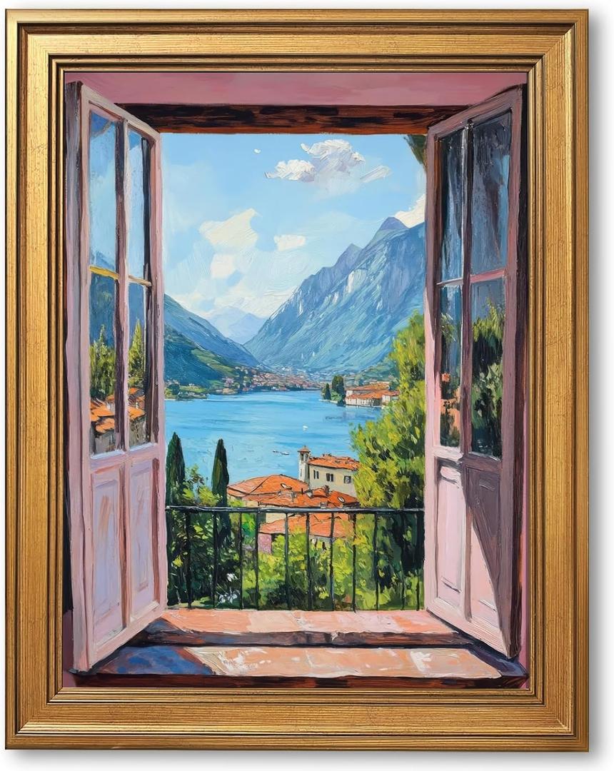 Gold Frame Open Window Wall Art by Henri Matisse Reproduction Canvas Print Patio Doors Italian Mediterranean Landscape Painting Trendy Coastal Travel Poster for Living Room Decor 12x16inch