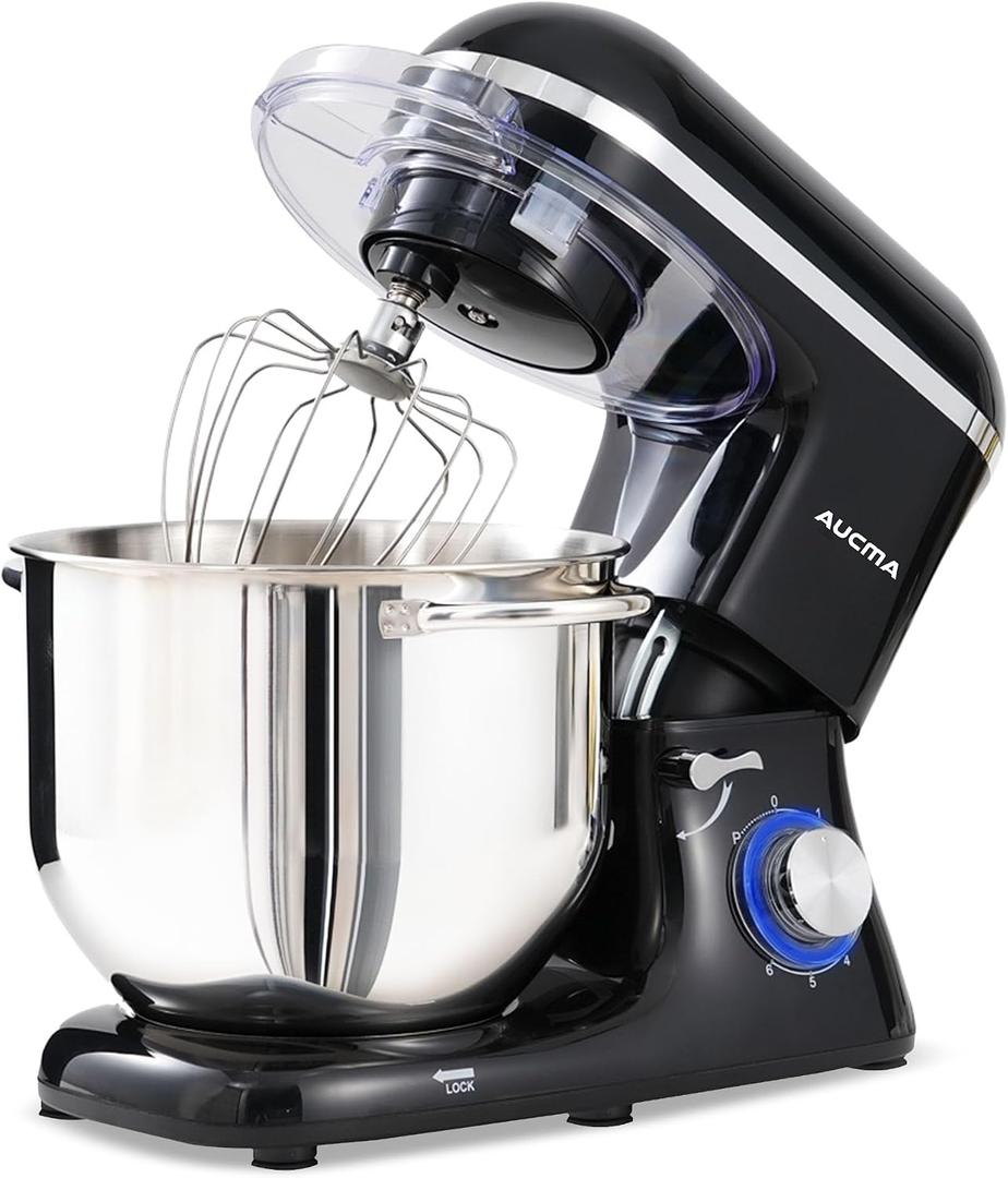 Aucma Stand Mixer,8QT 900W 6-Speed Tilt-Head Food Mixer, Kitchen Electric Mixer with Dough Hook, Wire Whip & Beater (Black, 8QT)
