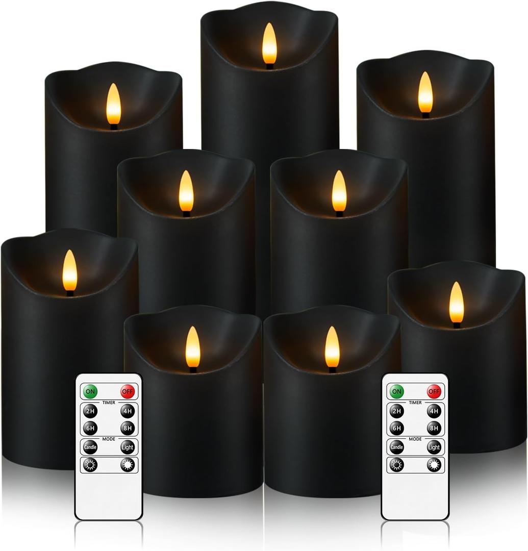 Nimiko Flameless Candles with Remote, Battery Operated Flickering Flameless Candles, LED Candles with Timer 2/4/6/8H, with Realistic LED Candles Set of 9 (D3 x H 3" 4" 5" 6" 7") (Black)