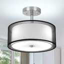 DLLT 3 Lights Semi Flush Mount Ceiling Light Fixture, Modern Black Ceiling Lamp with Double Fabric Shade, Close to Ceiling Lamps for Kitchen, Bedroom, Hallway, Dining Room
