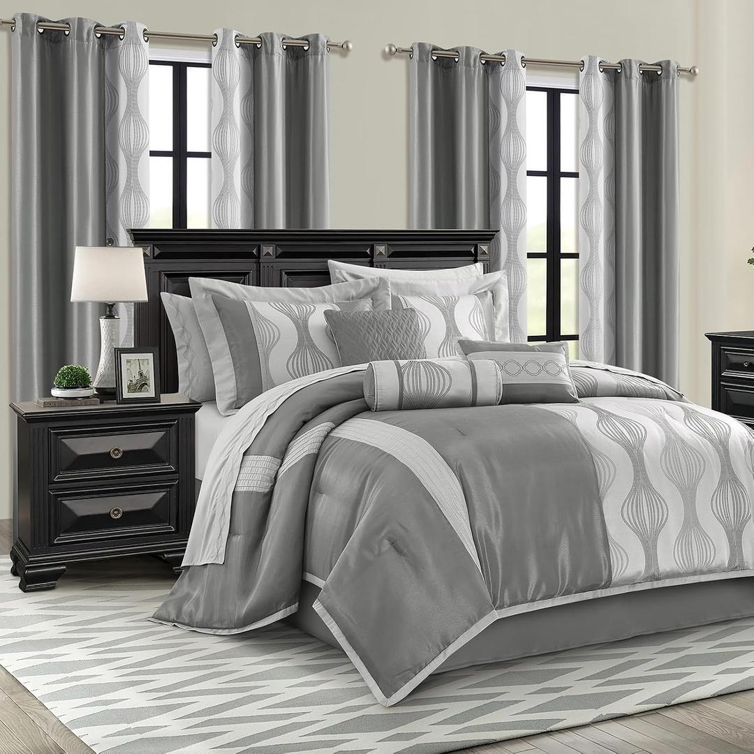 King Comforter Set, Grey, 15 Pieces Room in a Bag, Ultra Soft Jacquard with Patchwork, Luxury Bed Set with Sheets, Curtains, Bed Skirt, Pillow Shams, Cases and Pillows