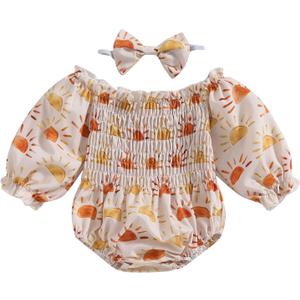 Infant Newborn Baby Girl Floral Romper Kids Spaghetti Strap One Piece Jumpsuit Shorts Toddler Summer Overall Clothes (3-6 Months, Sunrise Bubble Onesie Apricot)