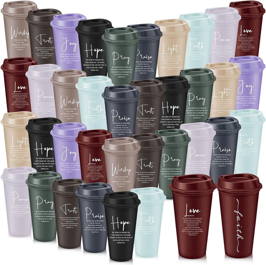 LemonRoad 40 Pcs Christian Gifts for Women Men 16 oz Christian Plastic Coffee Cups with Lids Double Sided Scripture Bible Verse Religious Tumblers Mugs for Church Appreciation Gifts(Morandi Color)