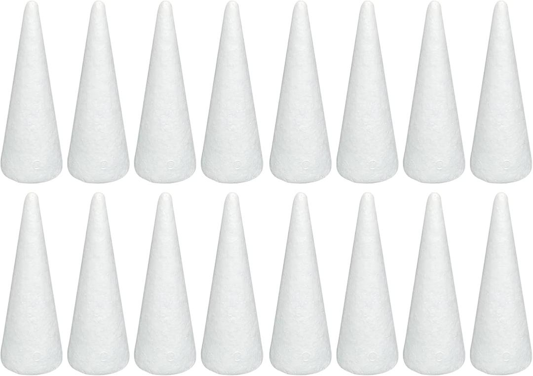 Crafjie 16 Pack Craft Foam Tree Cones for DIY Arts and Crafts (2.76 x 7.2in), White Polystyrene Foam Cone, Polystyrene Foam Cones, for DIY Christmas Gnomes, Christmas Tree, Holiday Decor