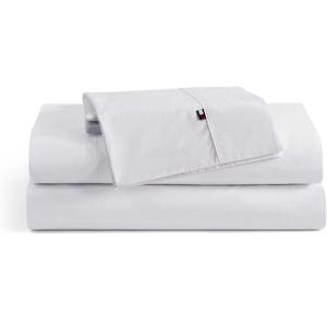 Tommy Hilfiger - Sheet Set, Cotton Percale Bedding with Matching Pillowcases, Crisp & Cool, Solid Home Essentials (White, King)