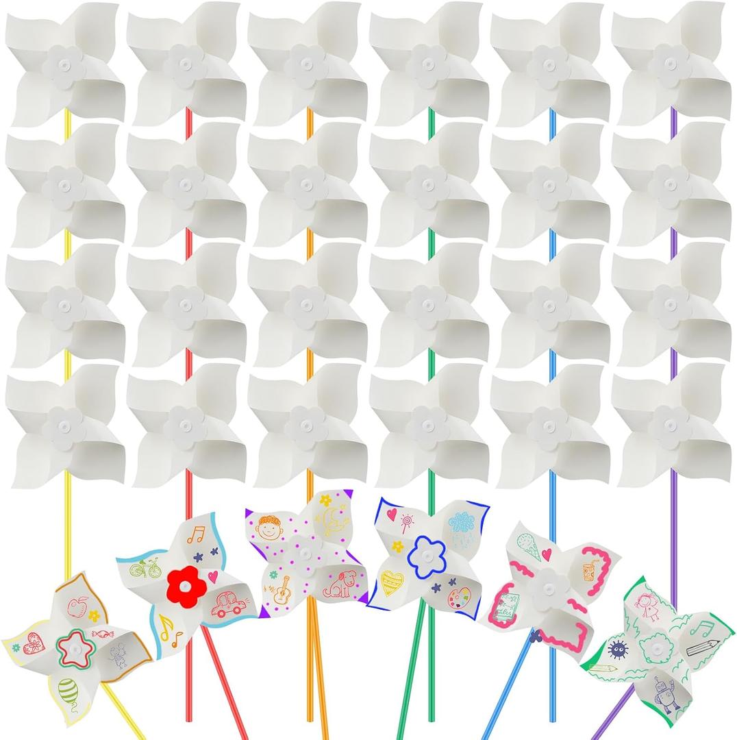 Poen 100 Pcs DIY Pinwheels Paper Craft Bulk Color Your Own White Pinwheels Summer Activity Arts End of Year Craft Mothers Day Blank Windmills Party Favor Supplies, 5 Inches
