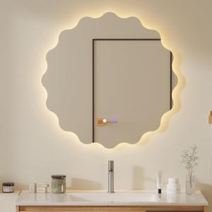 QDSSDECO 23" x 23" Wavy Round LED Wall Mirror, Backlit, Anti-Fog,3 Colors